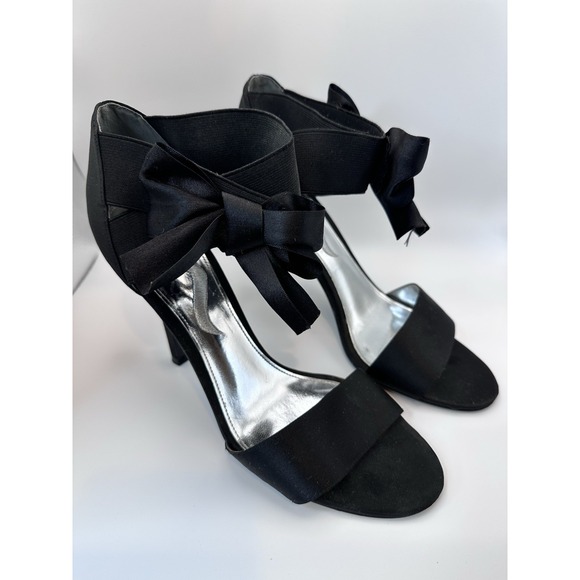 Women's Black High Heel Sandals with Bow Ankle Strap – Elegant Dress Shoes - Picture 3 of 11